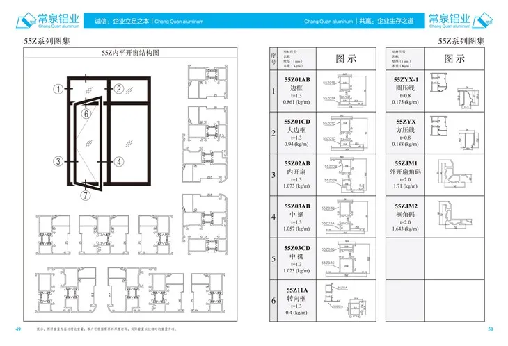 Perfiles de aluminio extruido para China Perfil de extrusión de aluminio para puertas y ventanas corredizas Serie 55Z mm